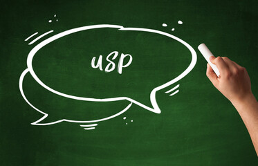 Hand drawing USP abbreviation with white chalk on blackboard