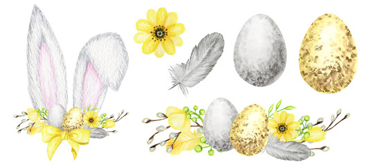 Easter Bunny ears set with floral crown and eggs isolated yellow gray Watercolor illustration on white background. Hand painted cartoon Spring Holidays Rabbit ears