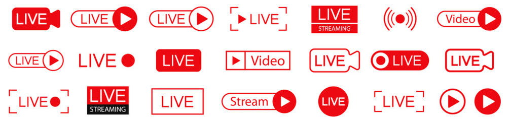  Live Streaming icons collection.  Live icons.  Streaming, broadcasting. Red buttons Live Stream. Stock vector