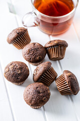 Chocolate muffins. Sweet dark cupcakes.