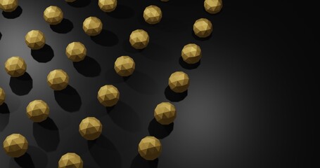 Golden 3D geometric figures on black background. Conceptual abstract background