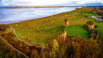 Aerial view of ruins of Flint castle in Flintshire, Wales, lying on the estuary of the River Dee