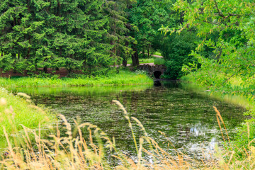 Obraz premium Stone arch bridge across a small river in Catherine park in Pushkin (Tsarskoye Selo), Russia