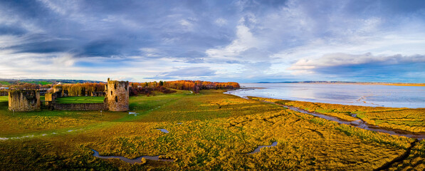 Aerial view of ruins of Flint castle in Flintshire, Wales, lying on the estuary of the River Dee