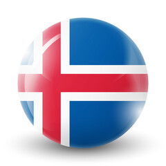 Glass light ball with flag of Iceland. Round sphere, template icon. Icelandic National symbol. Glossy realistic ball, 3D abstract vector illustration highlighted on a white background. Big bubble.