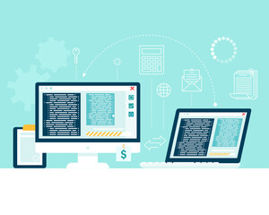 Transfer information from one computer device to another. File Transfer, data exchange. Vector illustration in flat style