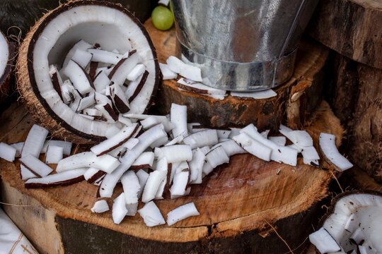 Delicious Coconut Chunks On Wood. Llano Grande, Colombia.