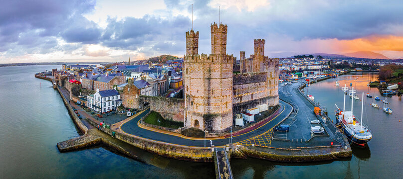 Aerial view of Caernarfon Castle, a medieval fortress in Caernarfon, Gwynedd, north-west Wales