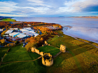 Aerial view of ruins of Flint castle in Flintshire, Wales, lying on the estuary of the River Dee