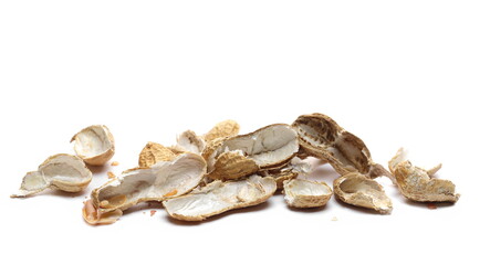 Shelled and unshelled peanuts pile isolated on white background
