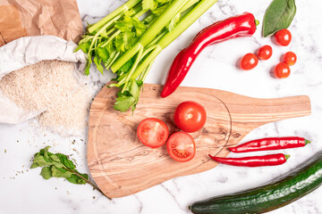 Healthy food on the table. Cooking fresh vegetables.