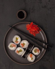 Japanese food. Sushi and rolls. Sets from the roll. Beautiful serving of Asian cuisine