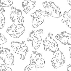 Anatomy heart seamless pattern. Hearts vector background