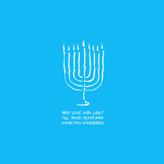 Hanukkah greeting card, hand written. Jewish holiday elegant greeting card template with menorah. Flyer, poster, banner, party invitation design. Vector illustration