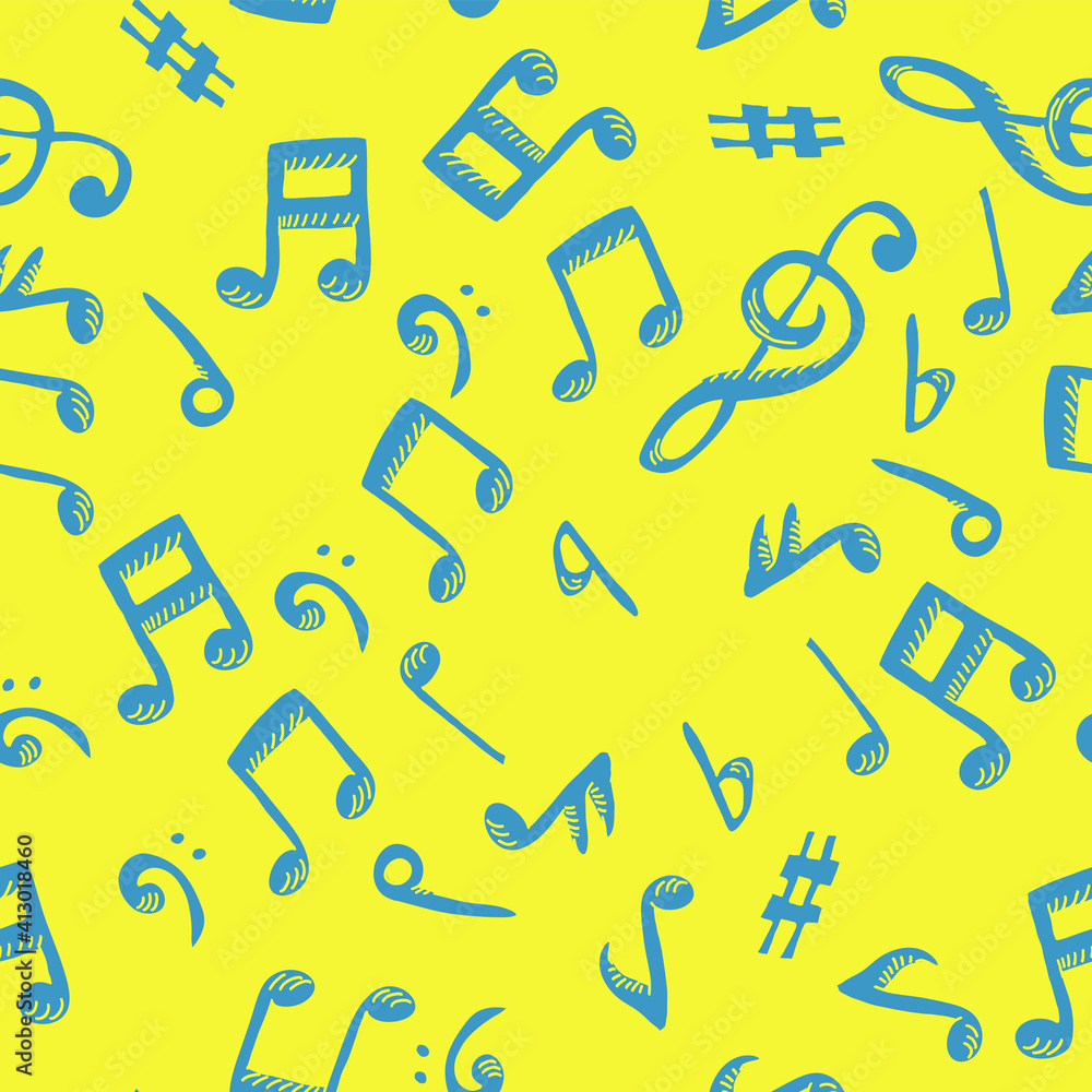Aufkleber blue notes seamless pattern on yellow background. music theme vector background