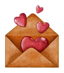 Watercolor love envelope (opened), red hearts. Handdrawn watercolor painted clip art, Saint Valentine's Day decoration and symbol. Perfect for decoration of invitations, posters and packaging.