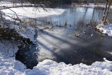 Frozen lake, snow landscape on a sunny day 