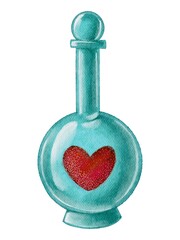 Watercolor blue. green bottle with red heart. Handdrawn watercolor painted clip art, Saint Valentine's Day decoration and symbol. Perfect for decoration of invitations, posters and packaging.