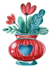 Watercolor blue vase with red flower and leaves. Handdrawn watercolor painted clip art, Saint Valentine's Day decoration and symbol. Perfect for decoration of invitations, posters and packaging.