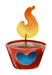 Watercolor red candle with blue heart, colorful fire. Handdrawn watercolor painted clip art, love decoration and symbol. Perfect for decoration of invitations, posters and packaging
