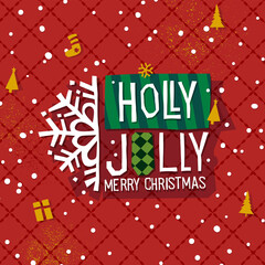 Festive Christmas background with the inscription holly jolly. Christmas theme elements: tree, gifts, patterns and snowflakes. Vector illustration of a festive theme.