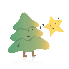 Christmas tree and new year golden star. Cartoon style vector illustration.