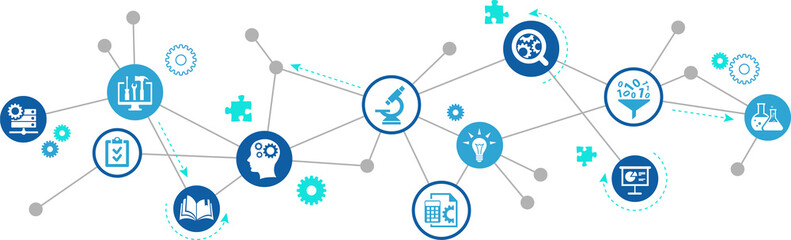 Research & development vector illustration. Concept with connected icons related to project management, product design or engineering, business development, r&d process using technology, engineering.