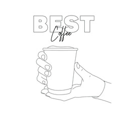 Hand hold paper cup with coffee best drink linear design vector white black