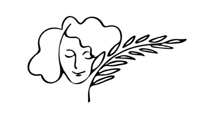 Black outline doodle symbol of woman hugging home plants with leaves isolated on white Concept of love and friendship between human and flora. Smiling female character in hygge mood. 