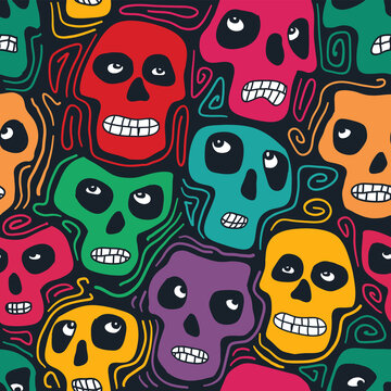 Heads masked as skull seamless pattern. Dia los muertos theme vector background.