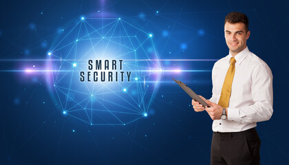 Businessman thinking about security solutions with SMART SECURITY inscription