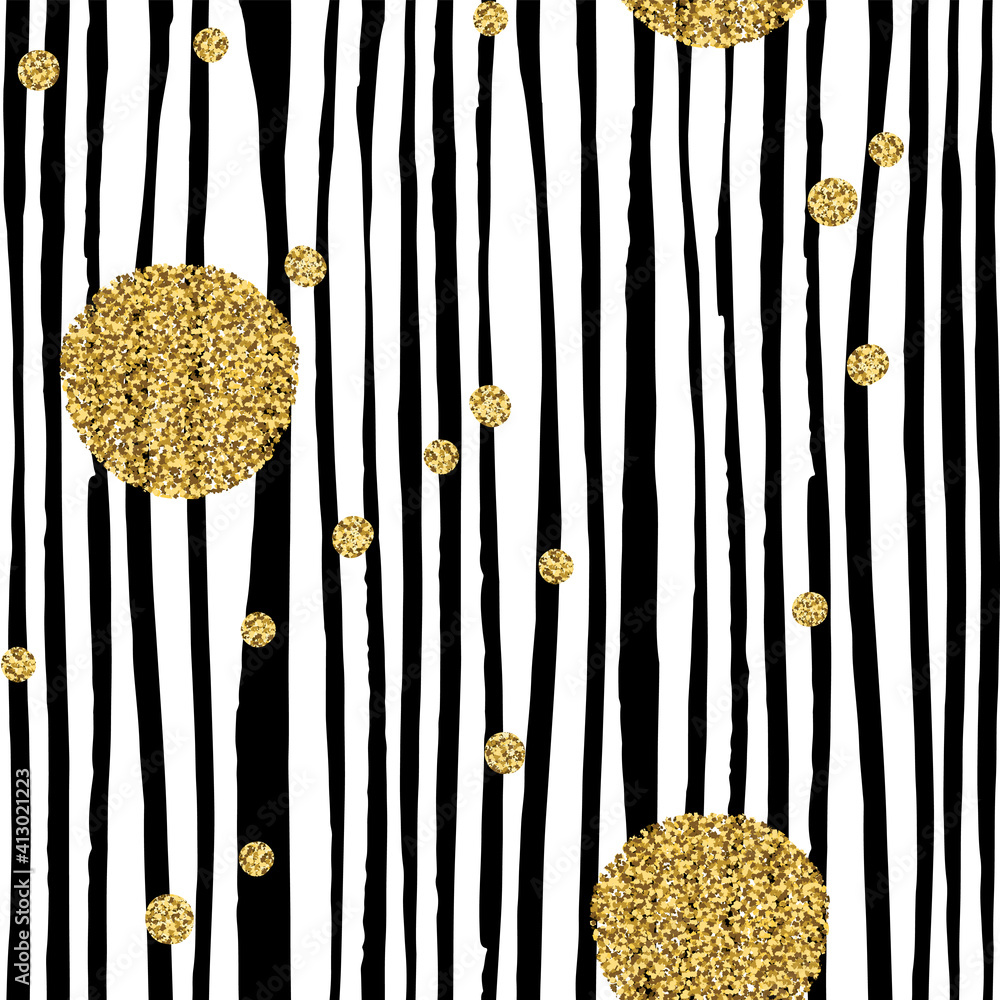 Aufkleber hand drawn black vertical stripes seamless pattern with golden dots. vector seamless background