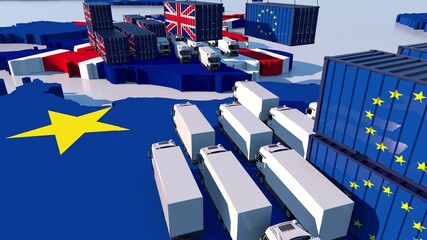 TRADE BETWEEN england and eu.  Trucks and containers face each other