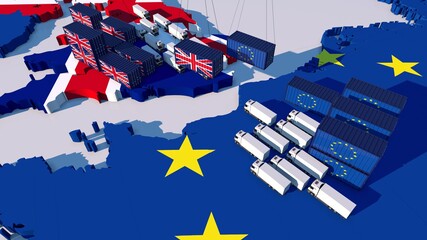 
TRADE BETWEEN england and eu.  Trucks and containers face each other