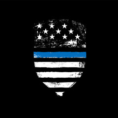 Blue line symbol. Shield icon shaped american flag. Grunge vector illustration.