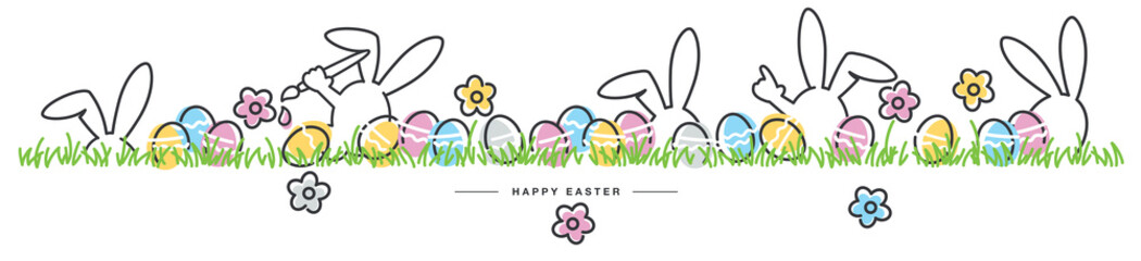 Easter line design rabbits and spring flowers colorful eggs in green grass Easter egg hunt white greeting card