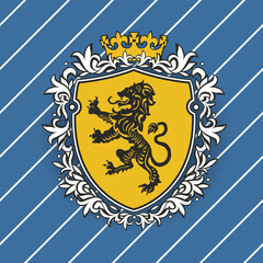 Coat of arms with heraldic lion silhouette on shield with crown and floral frame. On blue diagonal lines seamless pattern background.