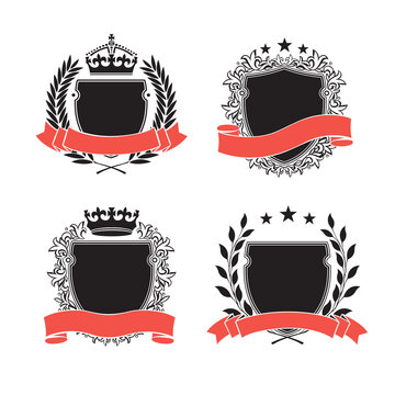Four Different Coat of Arms. Black and white silhouette circular wreaths, shields, crowns and ribbons depicting an award, achievement, heraldry, nobility.