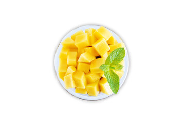 Mango Greek yogurt granola parfait in a glass on a white isolated background