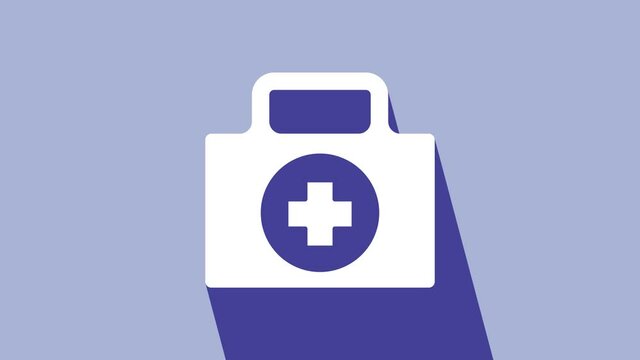 White First aid kit icon isolated on purple background. Medical box with cross. Medical equipment for emergency. Healthcare concept. 4K Video motion graphic animation