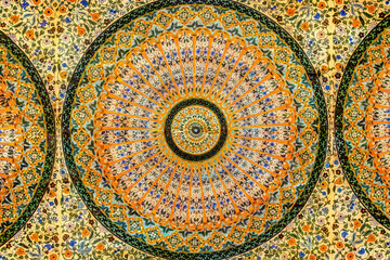 Colourful tiles and intricate plaster designs in Marrakesh Morocco