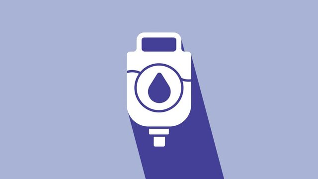 White IV bag icon isolated on purple background. Blood bag. Donate blood concept. The concept of treatment and therapy, chemotherapy. 4K Video motion graphic animation