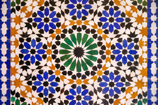Colourful tiles and intricate plaster designs in Marrakesh Morocco