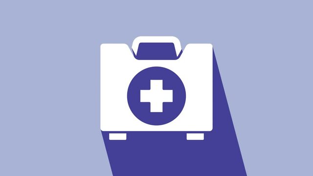 White First aid kit icon isolated on purple background. Medical box with cross. Medical equipment for emergency. Healthcare concept. 4K Video motion graphic animation