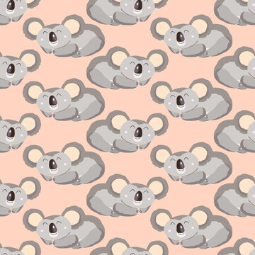 Seamless pattern with cute koala baby on color background. Funny australian animals. Card, postcards for kids. Flat vector illustration for fabric, textile, wallpaper, poster, gift wrapping paper.