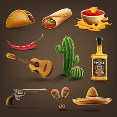 mexico culture traditional icons set