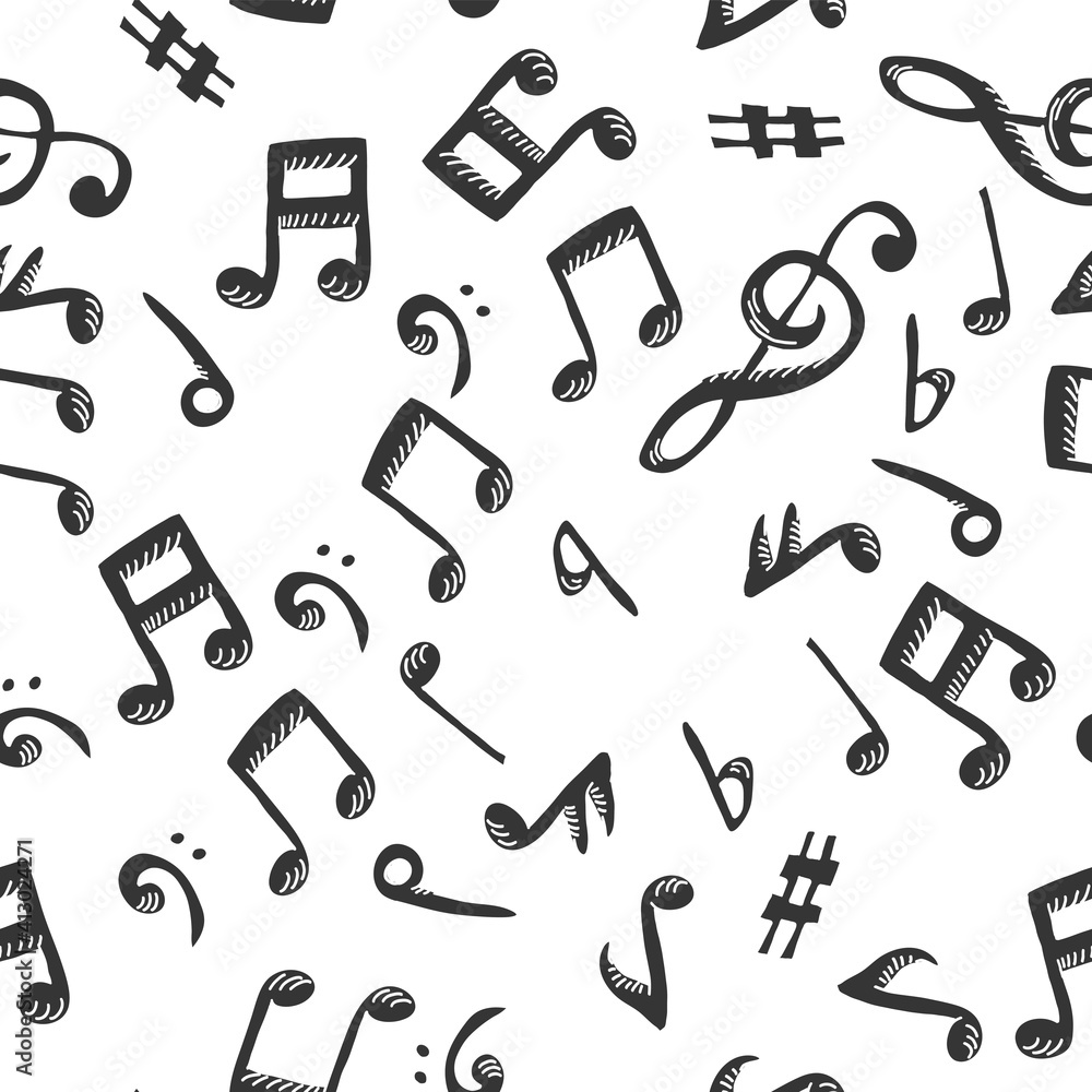 Aufkleber black notes seamless pattern on white background. music theme vector background
