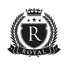 Royal. Heraldic emblem shield with crown and laurel wreath. Coat Arms Vintage Brand Crest Heraldic Emblem Shield. Vector illustration - 413024888
