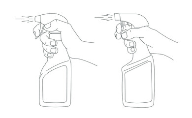 hands spray clean for disinfection of surfaces. Antiseptic spray for the treatment of hands vector graphic line