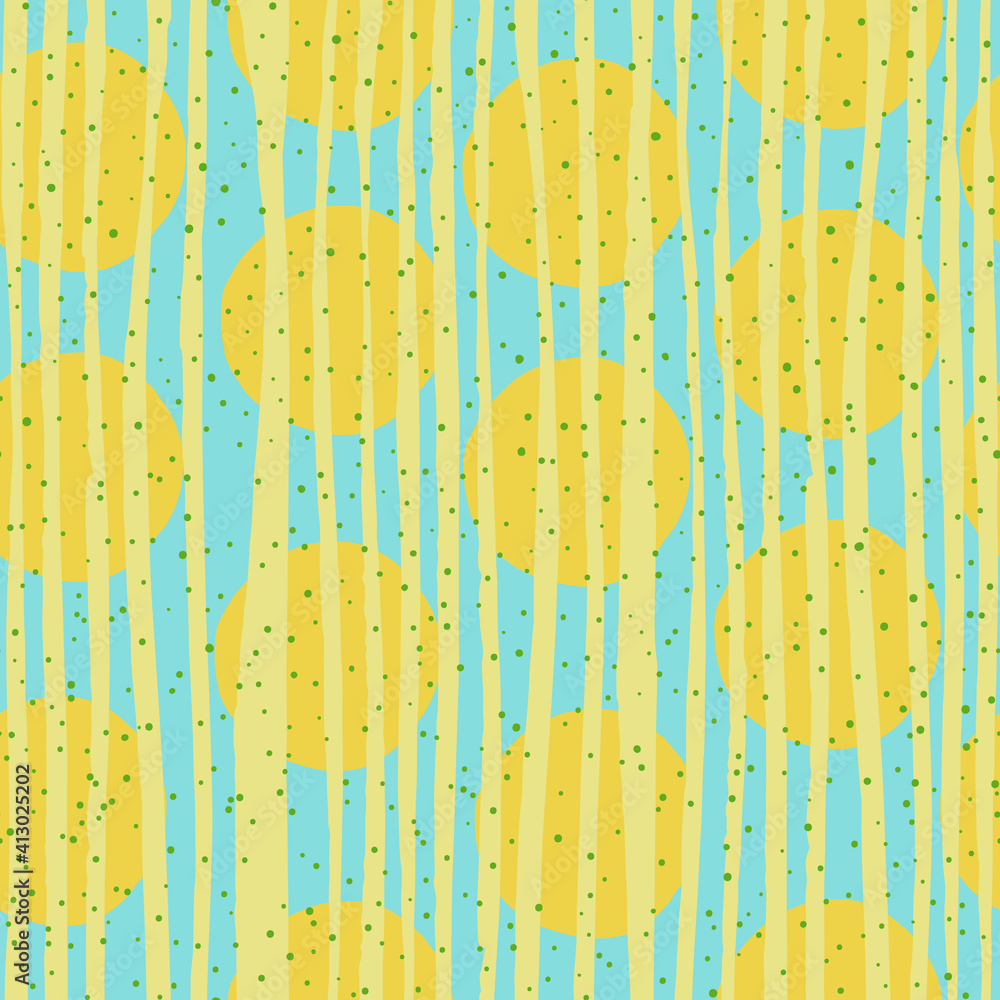 Aufkleber Yellow dots and lines on blue background. Abstract fresh spring colors seamless vector pattern.